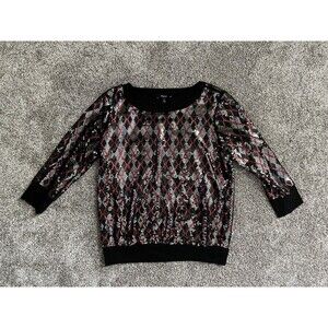 EXPRESS Black Red Silver Sequin Pullover Sweatshirt Top 3/4” Sleeve Size Large